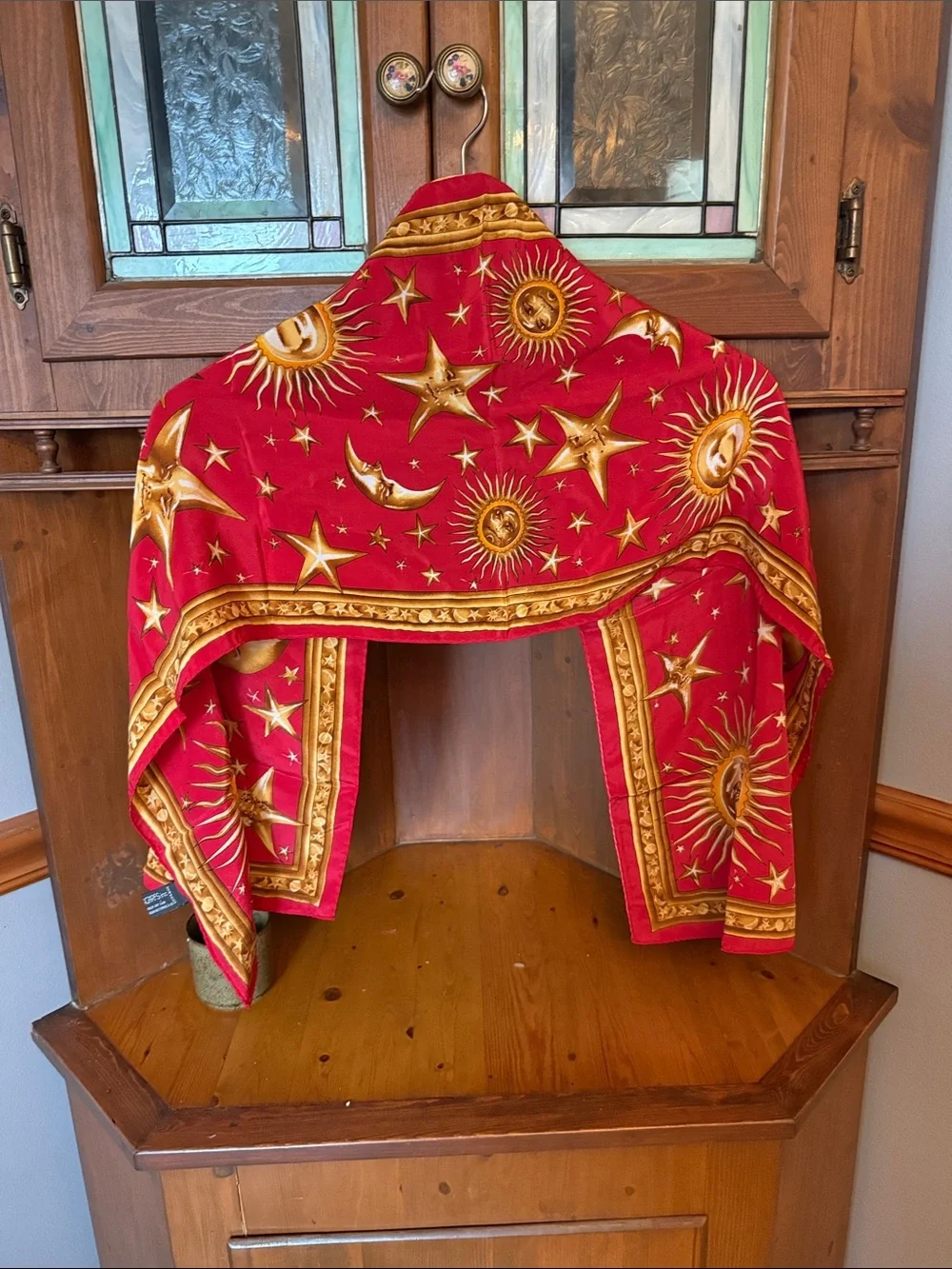 Vintage Casca 100% Silk Scarf Red & Gold Baroque Zodiac Sun Moon Star Motif